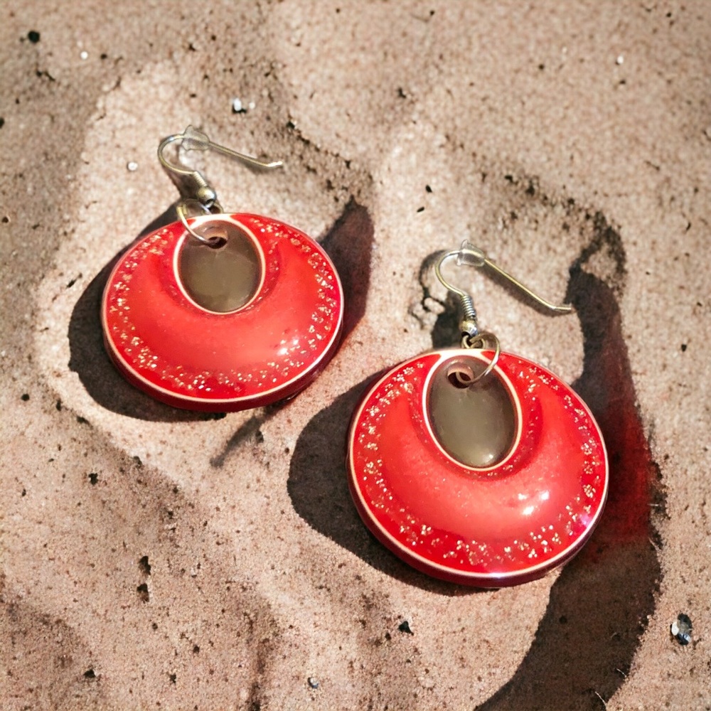 Round Drop Dangle Design Earrings Women's Red/Silver